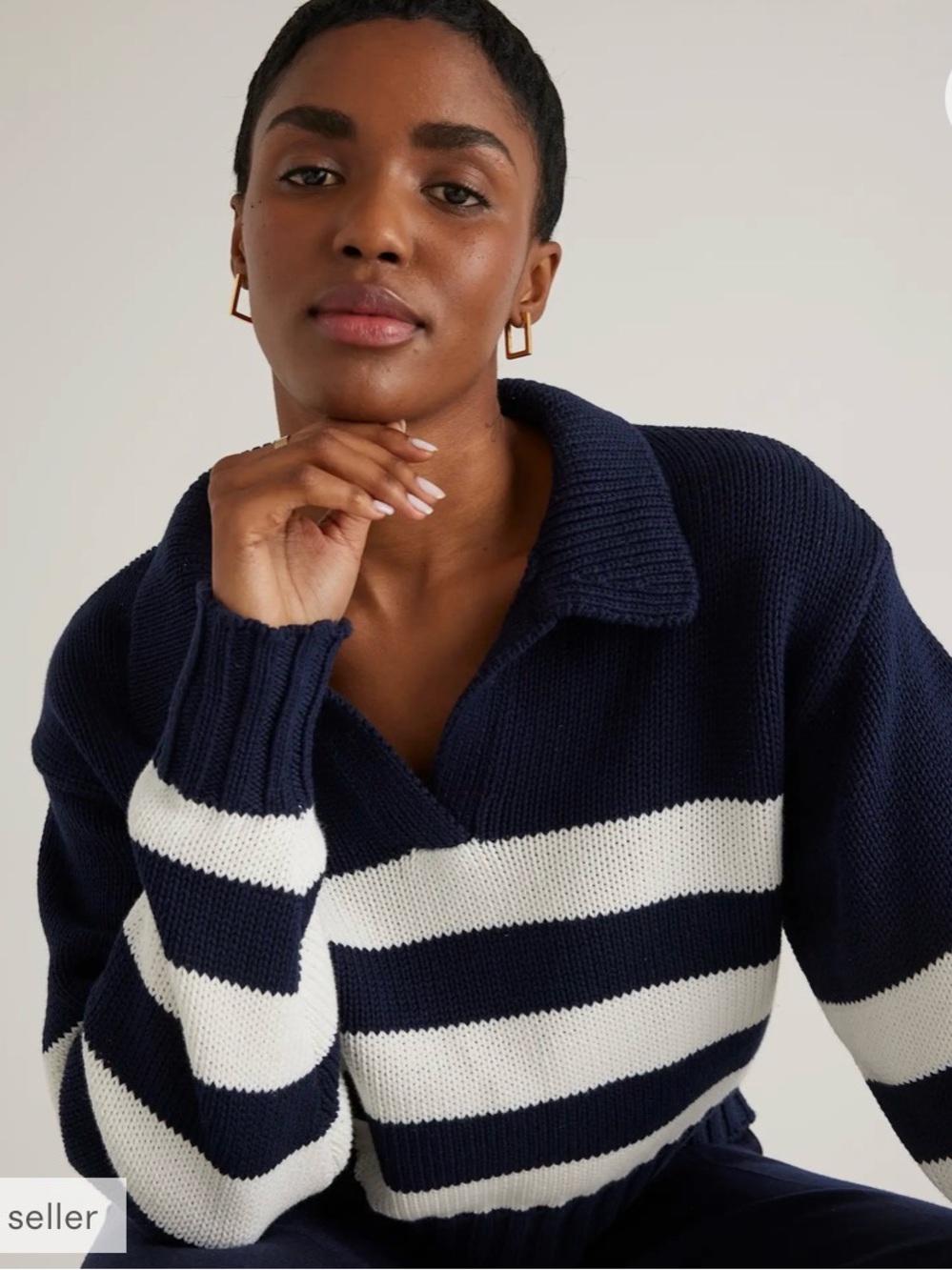 Quince Navy & White Striped Collared Women’s Sweater